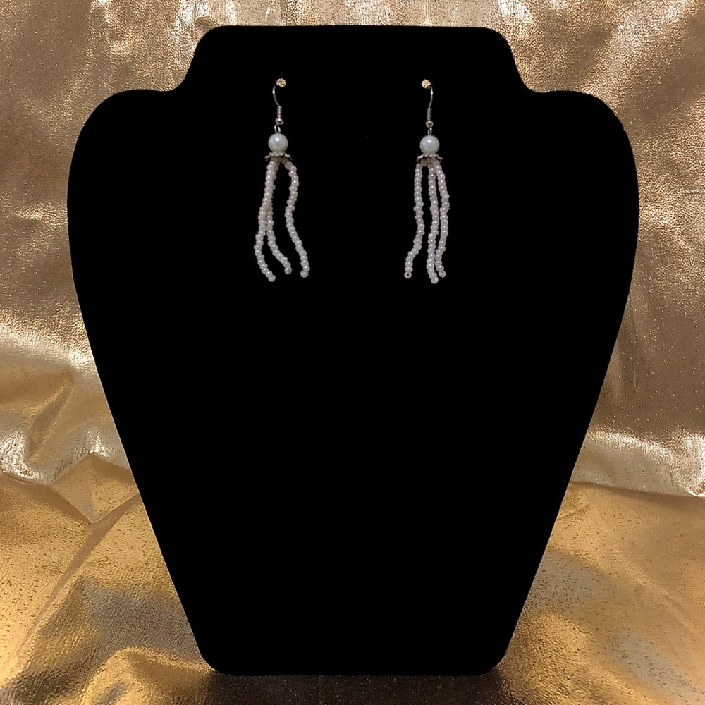 White / Cream Faux Pearl Dangly Earrings Fishhooks Chandelier Pearl Strand